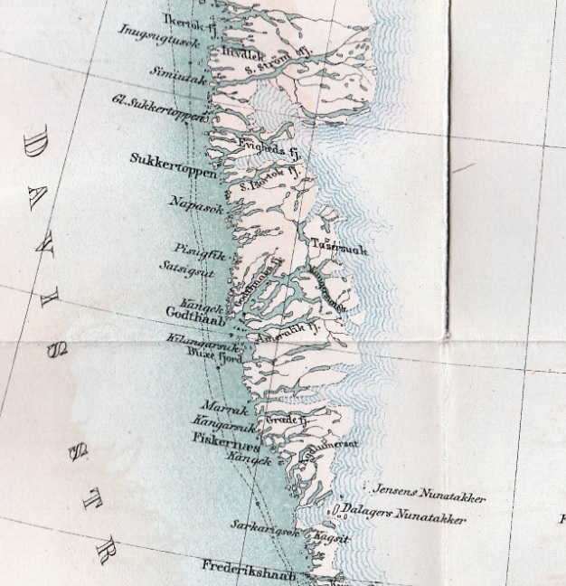 Grönlands västkust på 1880-talet. Karta av C. J. O. Kjellström. Källa: Den andra Dicksonska Expeditionen till Grönland, A. E. Nordenskiöld, F. & G. Beijers förlag, Stockholm, 1885.