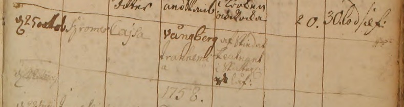 Inga Christina skrivs felaktigt in med sin yngre syster Cajsas namn i vigselnoteringen när hon gifter sig med Wolmar Lorentz 1757. Källa: ArkivDigital: Trässberg C:2 (1740-1817) bild 337 / sidan 659.