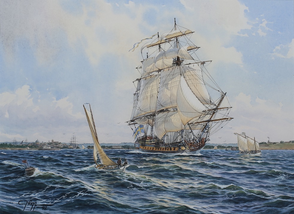 "Fregatten Camilla", målad av Christer Hägg 1992. Publicerad med tillstånd av konstnären, som berättar att tavlan är en akvarell och var en beställning från Marinbasen i Karlskrona att ges som present till Landshövdingen Camilla Odnoff i Karlskrona då hon lämnade sitt ämbete och Karlskrona.
