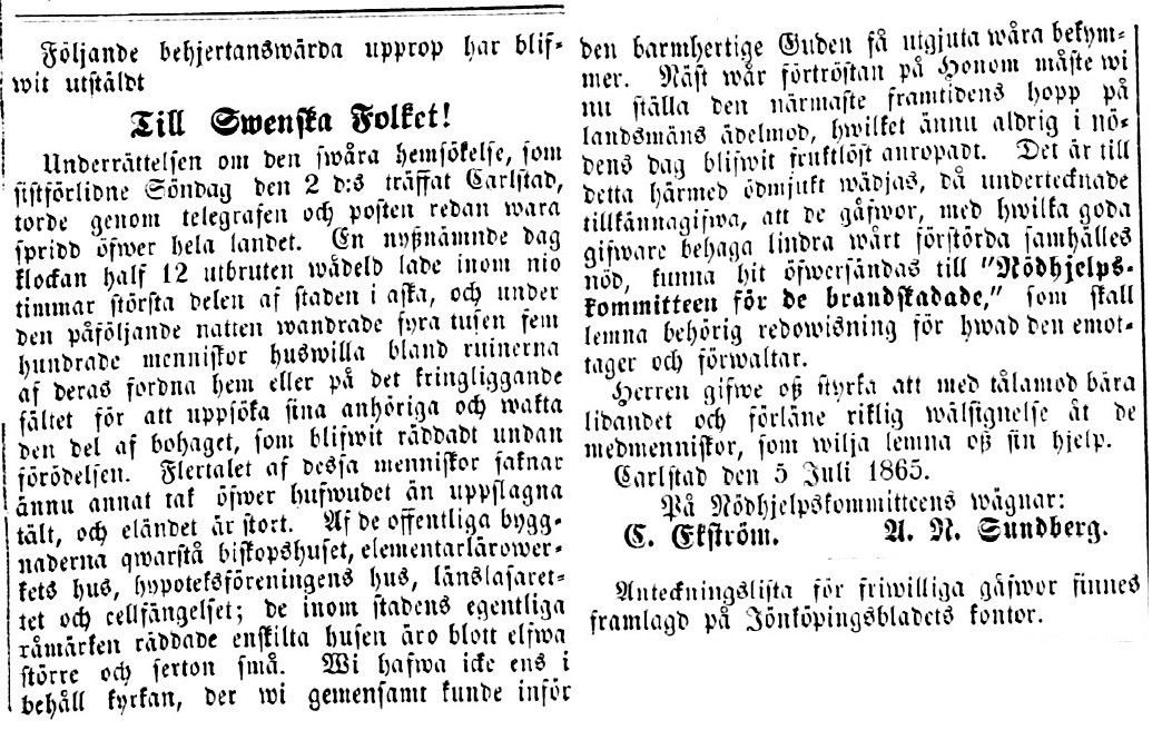 Upprop från Nödhjelpskommitteen för de brandskadade, som publicerades i svenska tidningar. Källa: Jönköpingsbladet 1865-07-11
