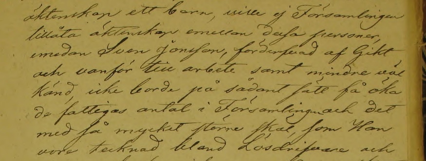 "...ville ej Församlingen tillåta äktenskap emellan dessa personer..." Källa: ArkivDigital: Sunnemo KI:2 (1826-1844) Bild 62 / sid 118.